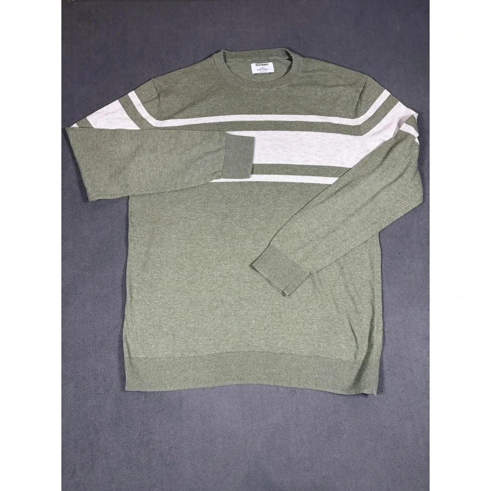 Old Navy Sweater Mens L Tall Green Striped Crew Neck Long Sleeve Go-Recycled